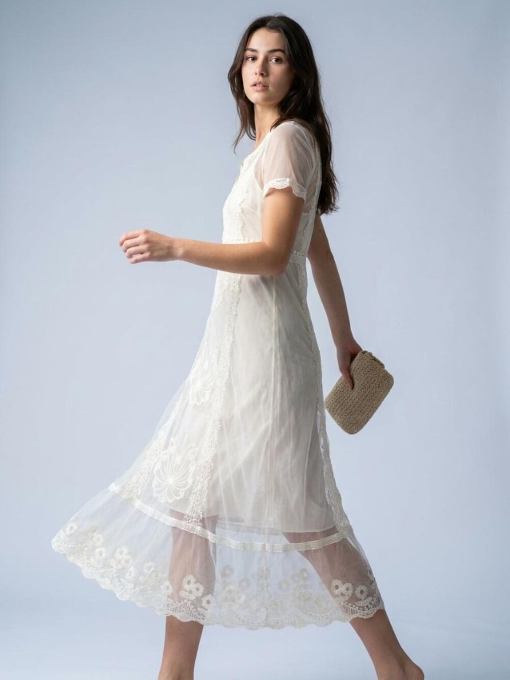 Zara White Embroidered Lace Mesh Overlay Midi Dress Cottagecore Boho Small